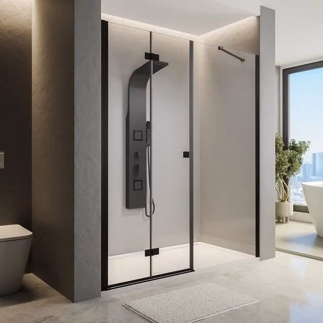 Porta doccia 151-155cm profili in alluminio nero opaco apertura libro a sinistra con parete fissa vetro 8mm trasparente h195 | Fiji