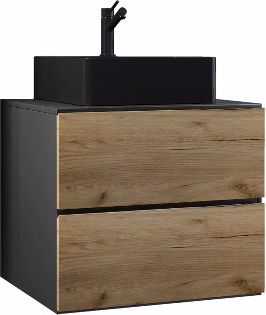 Luce di Ezooza Set Bagno 2 Pezzi Mobile Large con 2 cassetti e Lavabo sospesi , Antracite/Rovere , lavabo Nero