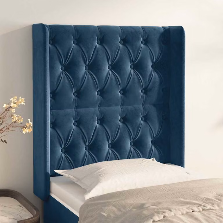 Testiera ad orecchio vidaXL in velluto blu scuro con struttura in legno L: 83 cm, P: 16 cm, H: 118-128 cm