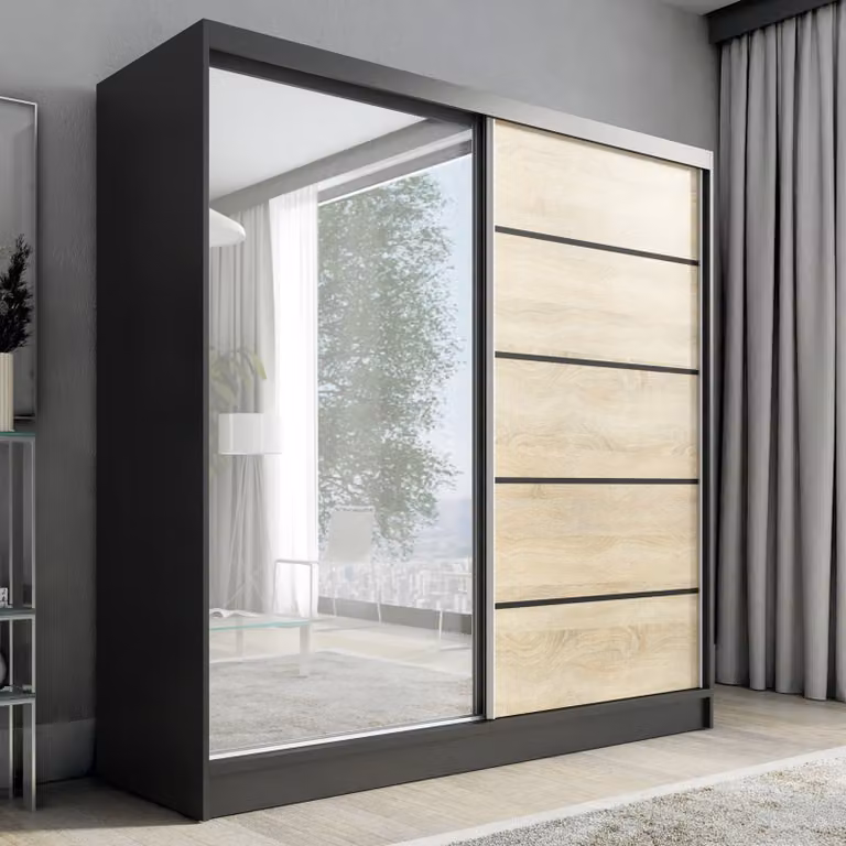 Armadio a porte scorrevoli, a 2 ante con specchio NERO 2 200 cm (nero / marrone)