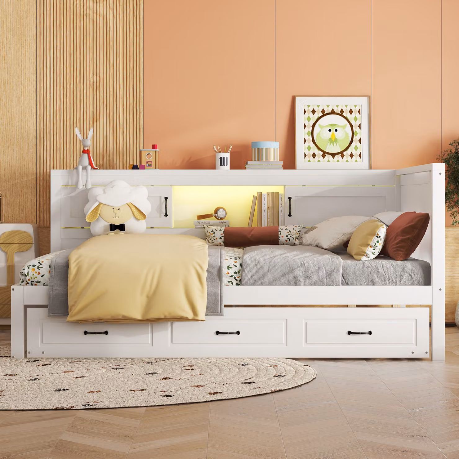 Lettino da giorno AIORBER, 140 x 200 cm, con letto estraibile, telecomando a LED, divano letto, USB e presa di corrente, vano portaoggetti, bianco (senza materasso)