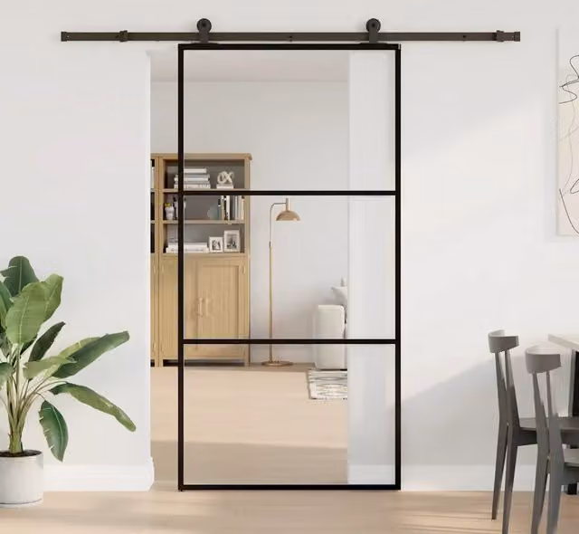 Porta Scorrevole Moderna vidaXL in Vetro Trasparente e Alluminio Nero L: 102 cm, H: 205 cm