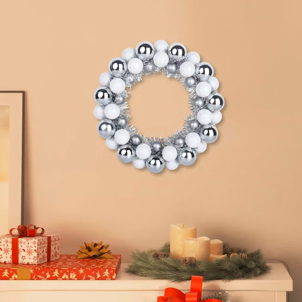 Set di 2 corone di palline di Natale vidaXL bianche e argento in plastica per decorazioni sospese