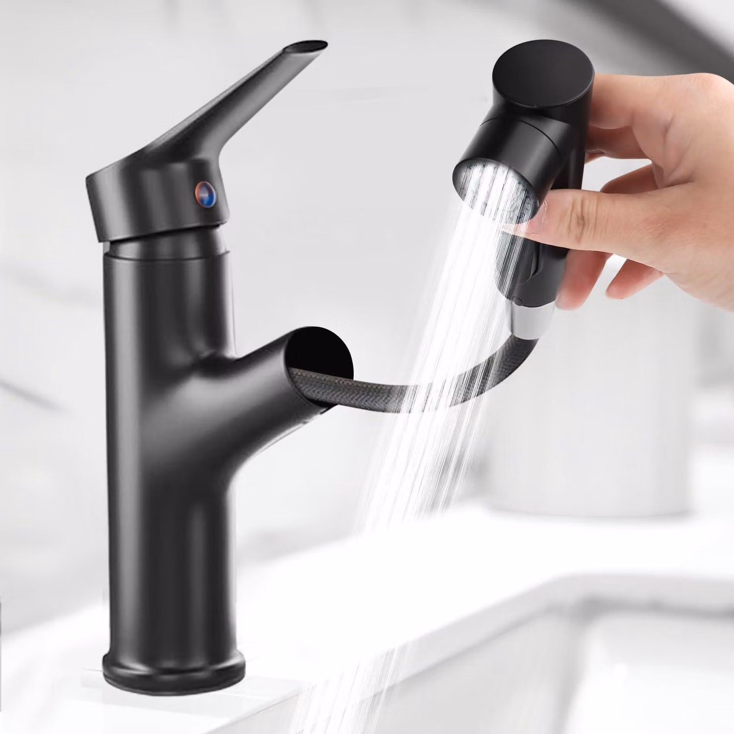 Miscelatore monocomando con doccetta estraibile, alta pressione, 3 tipi di getto, colore nero, per bagno
