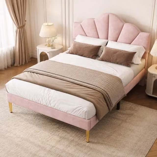 Letto imbottito Mivray in velluto rosa con testiera regolabile, rete a doghe in legno e piedi dorati, L/P/H: 140 x 190 x 120 cm