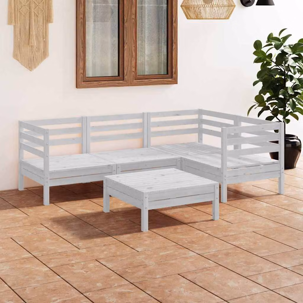Set Salotto da Giardino vidaXL in Legno di Pino Bianco con Cuscini, Forma a L e Ottoman, 5 Pezzi
