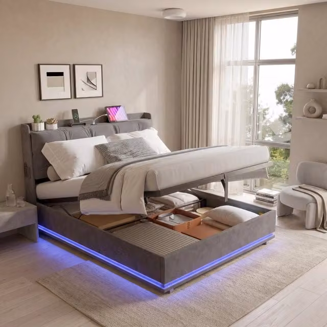 Letto matrimoniale 160x200 cm con contenitore;struttura letto con testiera imbottita e rete a doghe LED e USB rivestimento in velluto -beige