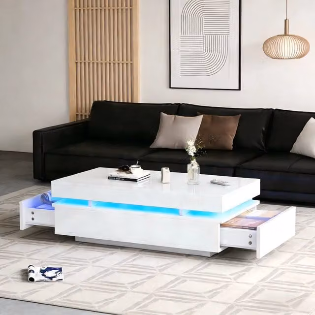 Tavolino da Caff¨¨ con 2 Cassetti e LED ¨C Xylo ¨C Bianco Lucido 100x50x35