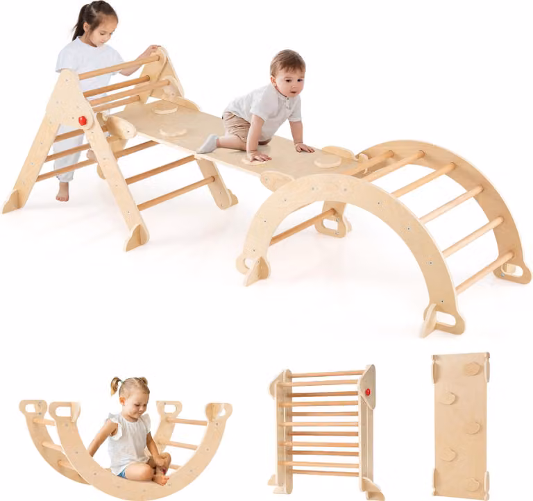 COSTWAY triangolo per arrampicata indoor, struttura per arrampicata con scivolo e rampa bifacciale, pieghevole, arco per arrampicata, scivolo e altalena, per bambini da 3+ natura