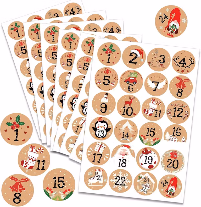 Adesivi per calendario dell'Avvento (numeri da 1 a 24) - 192 adesivi in carta kraft con numeri, ideali per Natale - Calendario da realizzare in casa