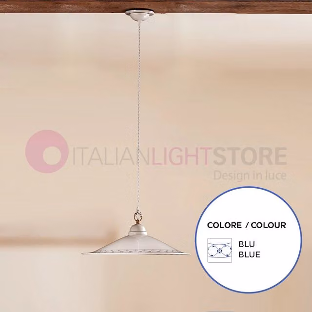Lampada a sospensione FIESOLE di Ceramiche Borso in ceramica con decori blu e finiture in ottone, diametro: 43 cm