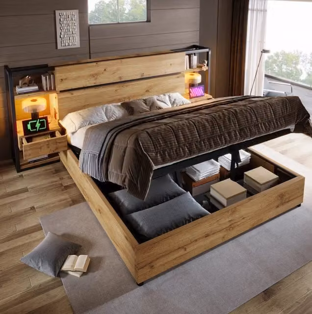 Letto matrimoniale 160x200 cm con contenitore, cassetti e prese USB, in MDF color rovere