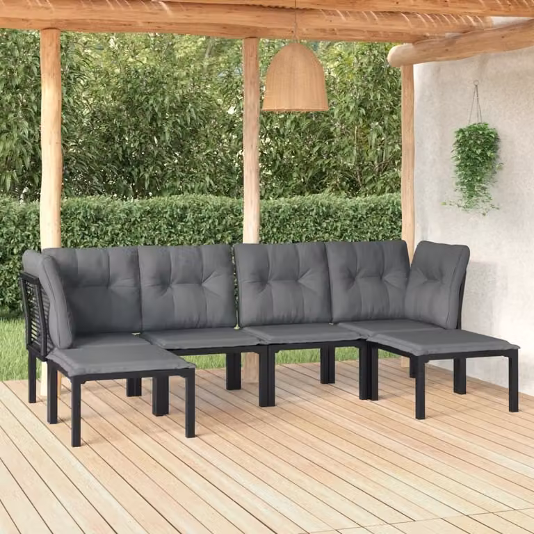 The Living Store Set da 6 pezzi per salotto da giardino in poly rattan nero e grigio
