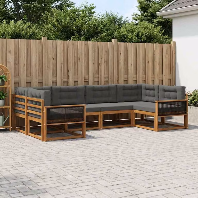 Set di divani da esterno vidaXL a forma di L composto da 6 pezzi in legno di acacia con cuscini, colore naturale e antracite
