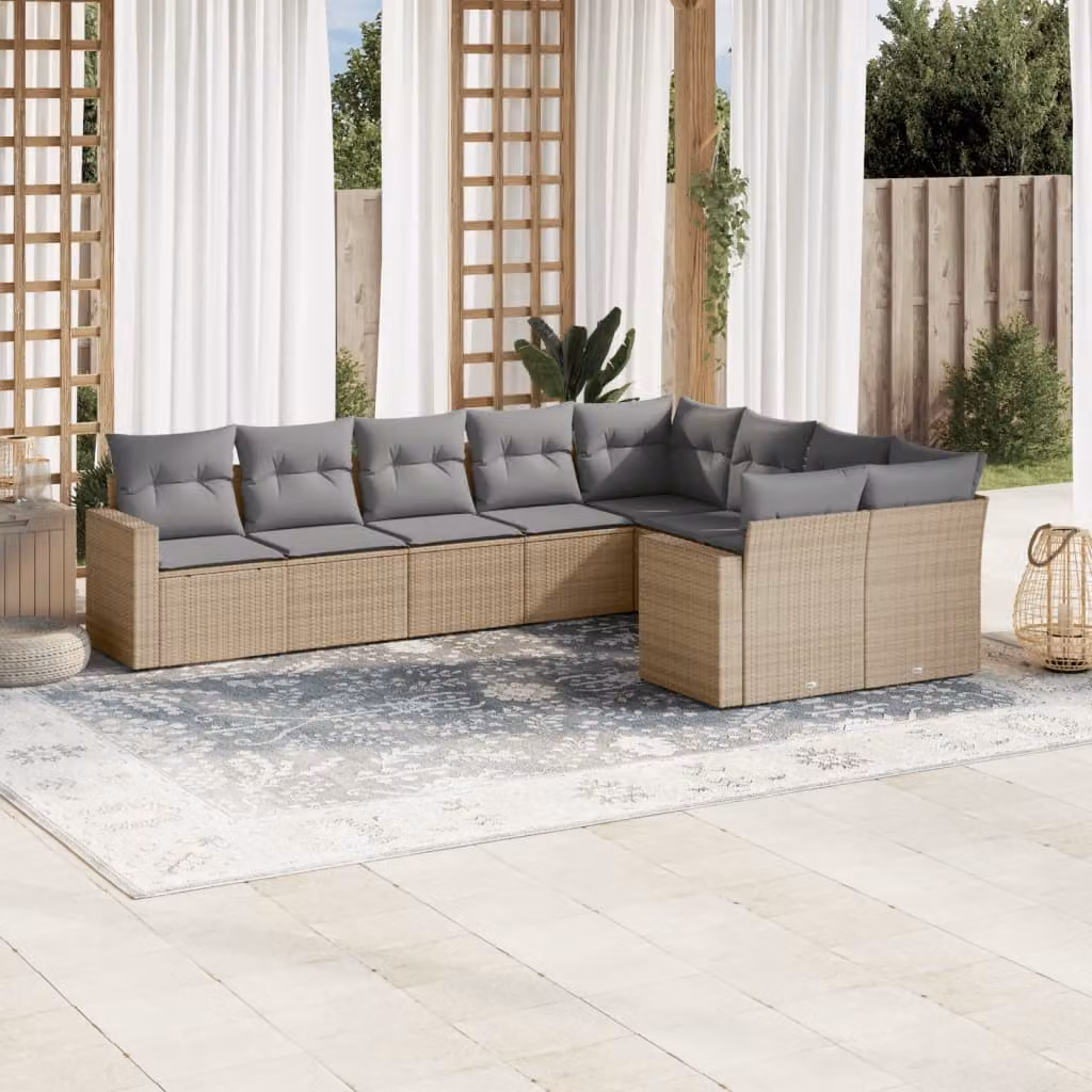 vidaXL Set Divano da Giardino a L 9 pz con Cuscini Beige e Grigio in Polyrattan e Metallo
