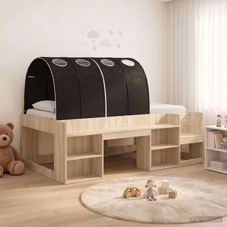 Letto per bambini con tunnel vidaXL in legno ingegnerizzato, Rovere Sonoma e Nero, L/P/H: 193 x 103,5 x 65 cm