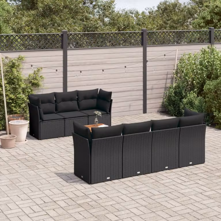 Set Divani da Giardino a L vidaXL in Polyrattan Nero con Cuscini e Tavolino da Esterno