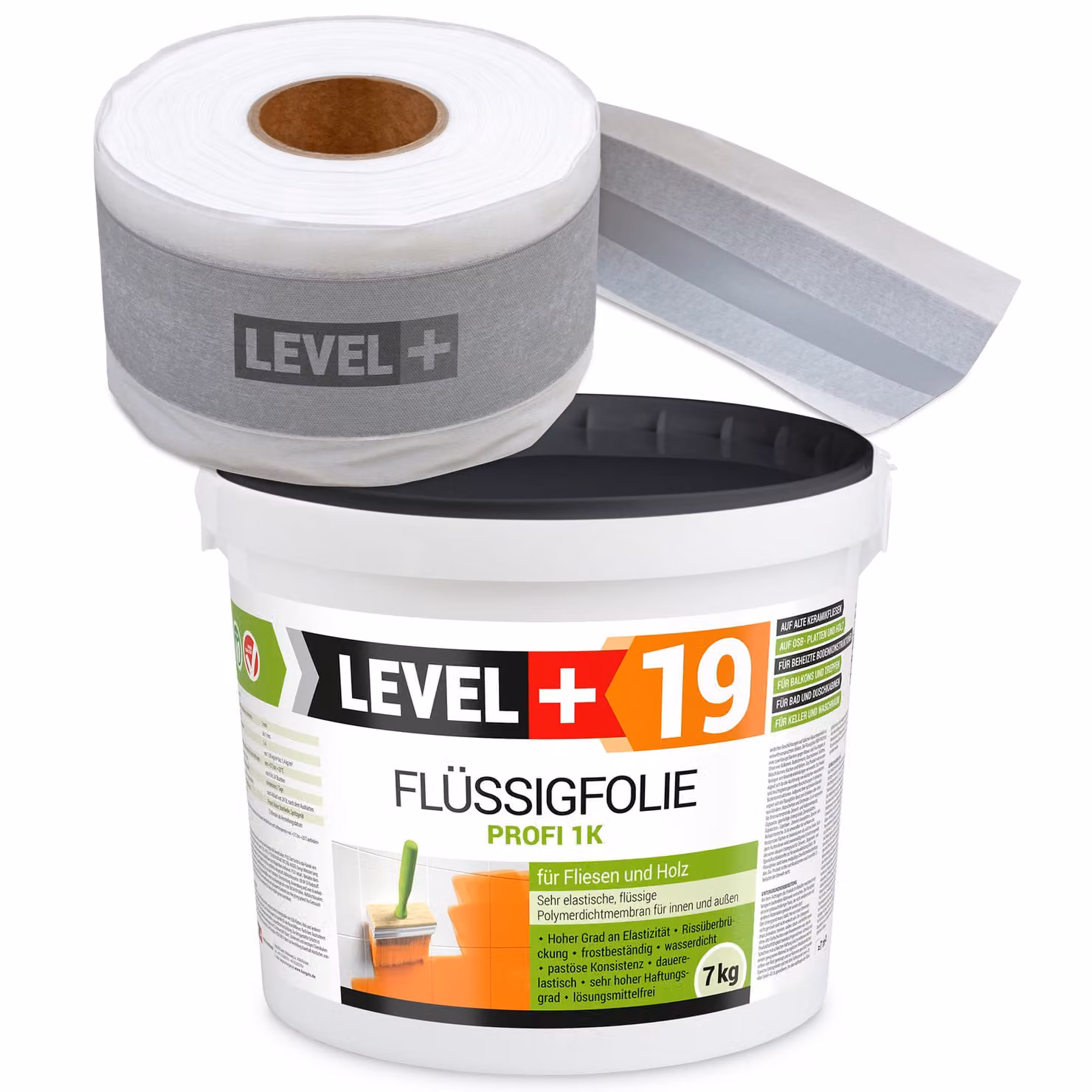 Kit di impermeabilizzazione: membrana liquida, 7 kg; nastro adesivo, 5 metri; adatto per balconi e bagni. Modello: LEVEL+ SET546