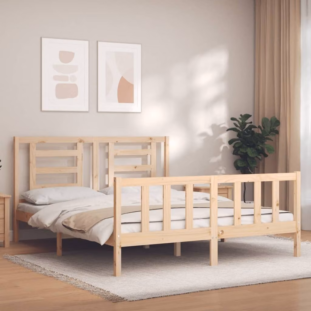 The Living Store Letto in legno massiccio con testiera 160x200 cm