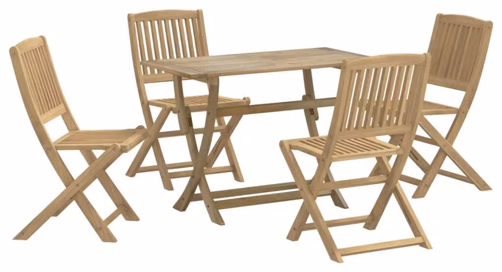 Set da pranzo in legno di acacia massello, color marrone chiaro, composto da 5 pezzi, ideale per 4 persone
