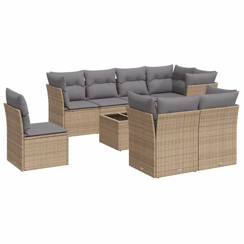 vidaXL Set Divano da Giardino 9 pz in Polyrattan Beige con Cuscini e Tavolino da Esterno – 2