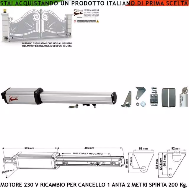Kit Ricambio Originale Securvera per Cancello Automatico Anta 2 Metri con Motoriduttore Elettromeccanico 230 V, Corsa 300 mm, Sblocco a Chiave, Finecorsa Meccanici, Staffe, Bulloni e Condensatore 16 µF 400V