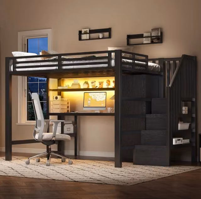 Letto a soppalco in metallo 140x200 cm con scrivania, armadio, scala contenitore e mensola, nero