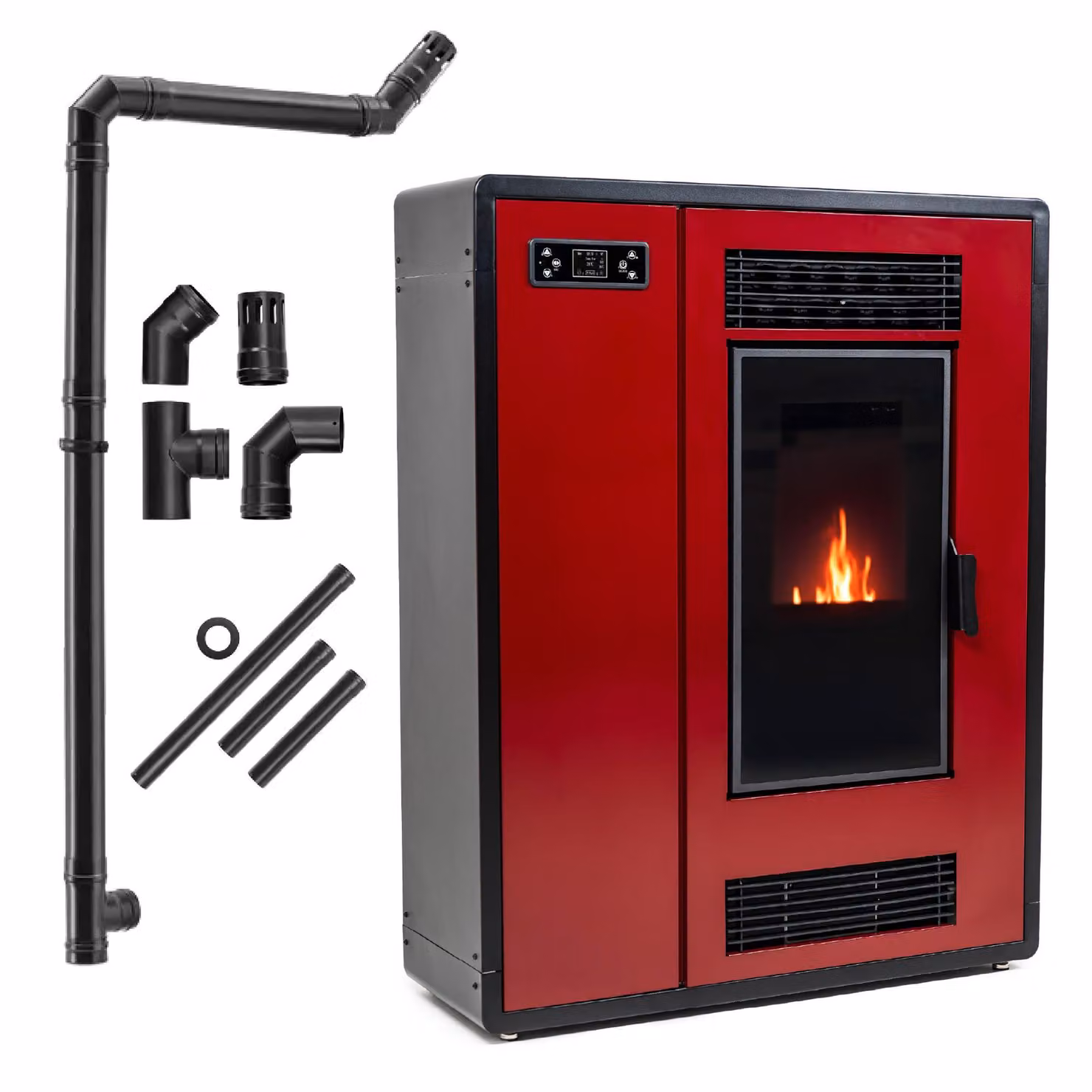 THUNDER® | ARIA RED | Stufa a pellet | 12 kW | Set di tubi di collegamento Ø 80 mm | rosso