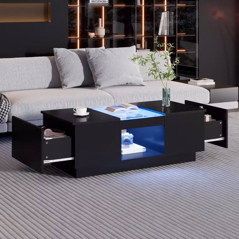 Tavolino STILVORA con piano in vetro, tavolino con illuminazione tramite controllo APP, tavolino da divano con 2 cassetti e 1 vano a giorno, nero
