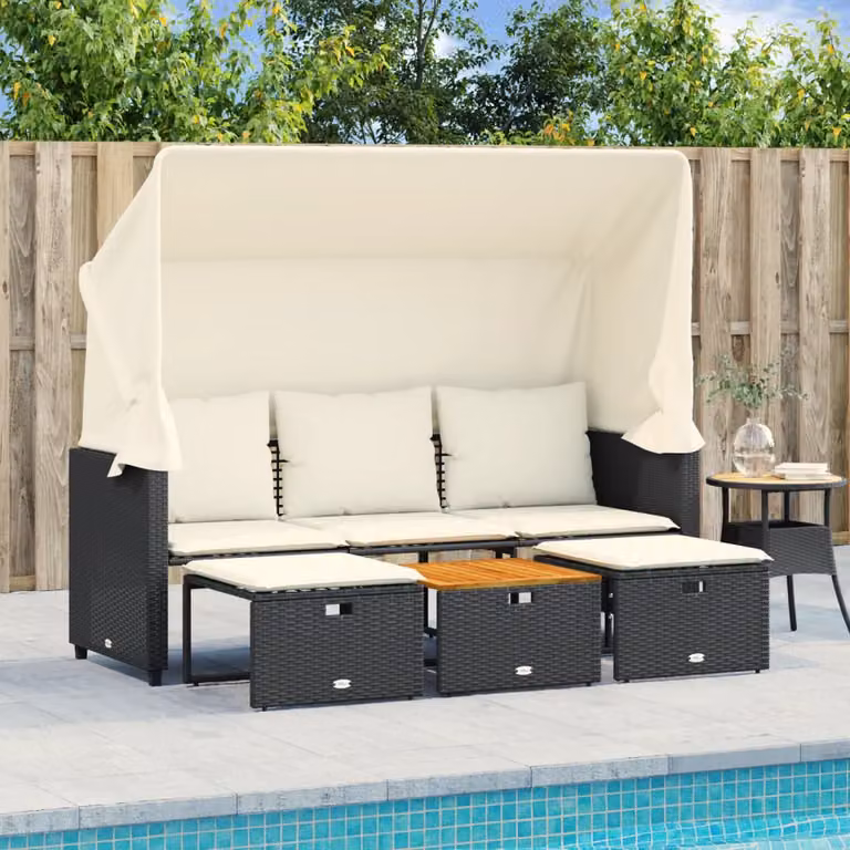Set da giardino vidaXL con divano a 3 posti, tavolino e pouf in rattan e metallo con cuscini inclusi