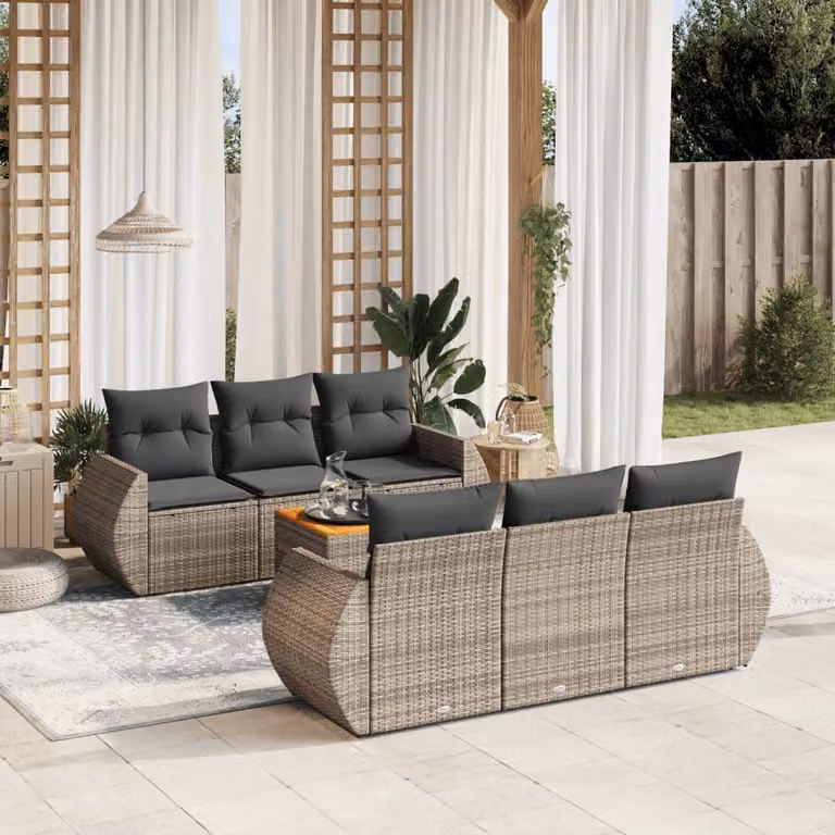 Set di divani da giardino vidaXL in polyrattan grigio con cuscini, tavolino e poltrone per esterno