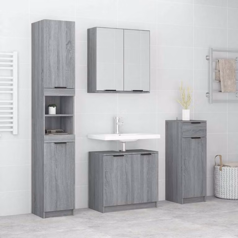 Set di mobili da bagno vidaXL 4 pezzi in legno MDF grigio con specchio e illuminazione LED