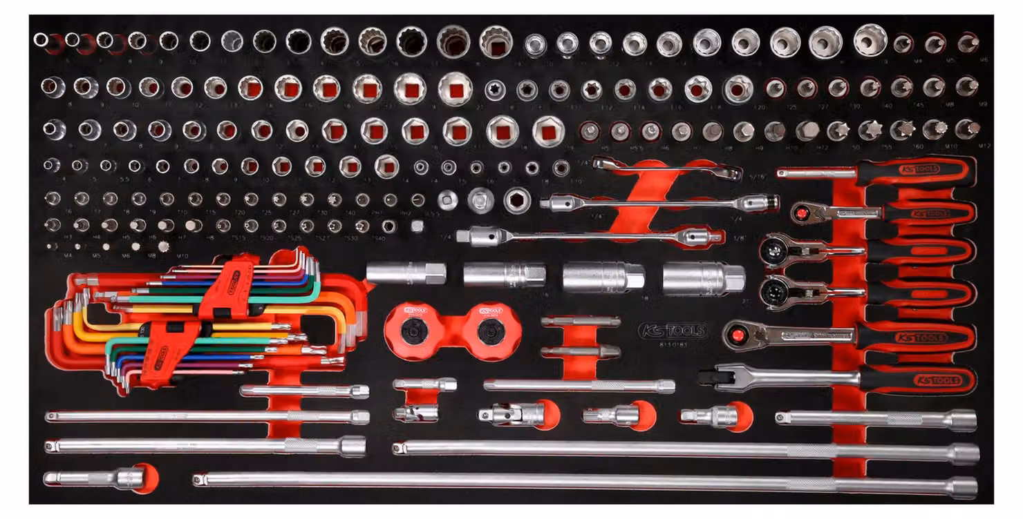 KS TOOLS Set di chiavi a bussola da 1/4" + 3/8" con inserto in schiuma 183 pezzi - 813.0183
