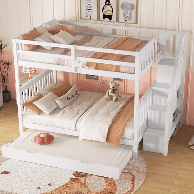 Letto a castello per bambini - Xylo - 140x200 cm - Bianco - Con ripiani e scala