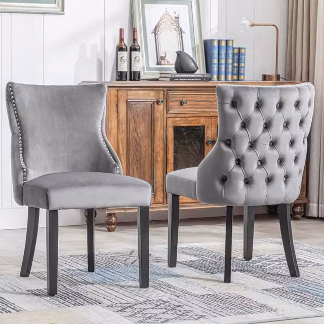 Sedia a 4 gambe, sedia da pranzo in velluto grigio, con bottoni decorativi, struttura in legno massello, grigia (set da 2)