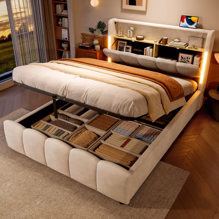 Letto imbottito Merax 140x200cm, con contenitore idraulico, testata con contenitore, vano contenitore, strisce luminose a LED, USB e Type-C, letto matrimoniale, velluto, beige