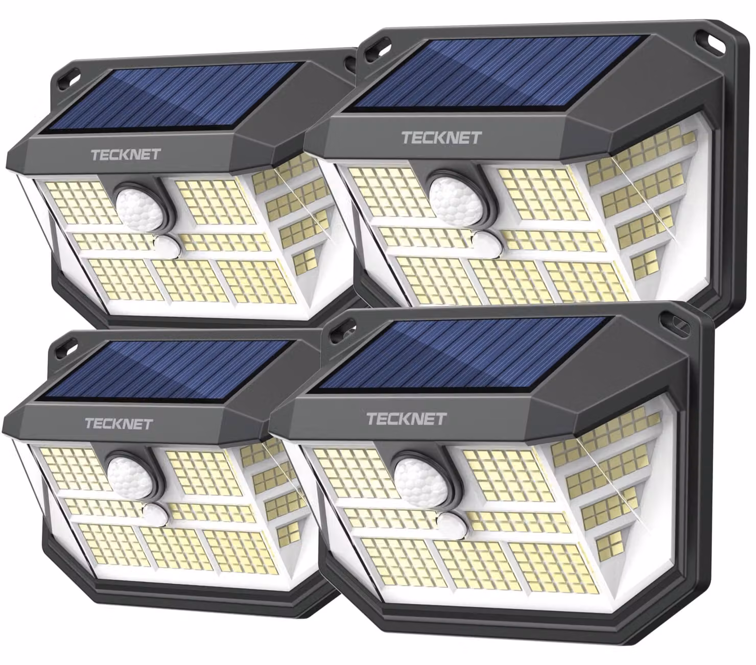 Set di 4 luci solari, 231 LED, angolo di illuminazione 300°, grado di protezione IP65, sensore di movimento, 3465 lumen