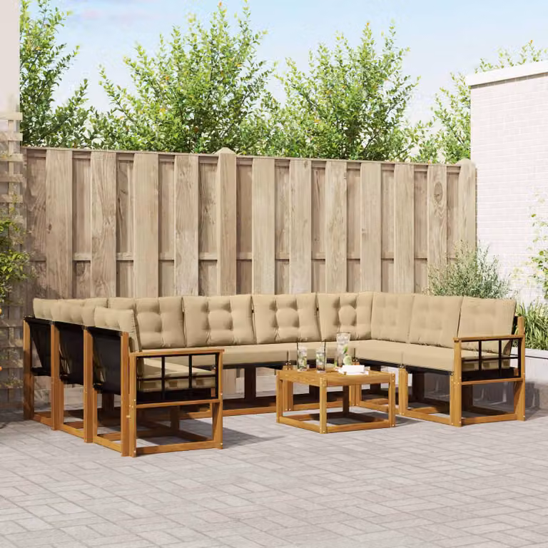 vidaXL Set di divani da esterno a forma di U in legno di acacia con cuscini beige e marrone