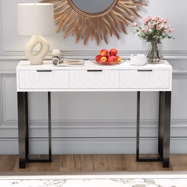 Consolle OKWISH moderna con cassetti in MDF laccato bianco, motivi geometrici e telaio dorato per ingresso, soggiorno o ufficio