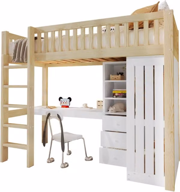 Letto a soppalco REDOM in legno di pino con scrivania, armadio e 3 cassetti, colore naturale, L/P: 90 x 200 cm