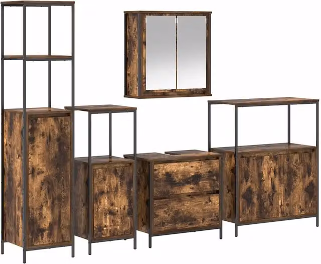 Set di mobili per il Bagno | Armadio da bagno 5 pz Marrone Legno multistrato