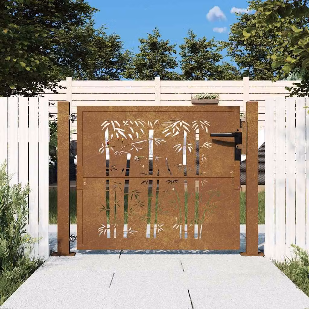 Cancello singolo da giardino vidaXL in acciaio Corten e design in bambù, colore marrone, L: 110 cm, H: 75 cm