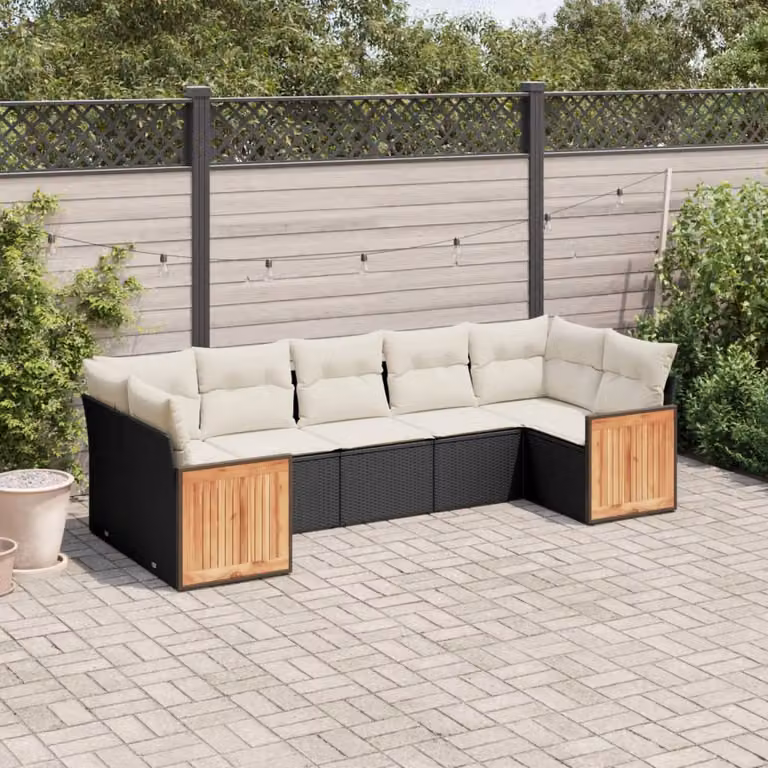 vidaXL Set Divani da Giardino a L con Cuscini 7pz in Polyrattan Nero e Acacia