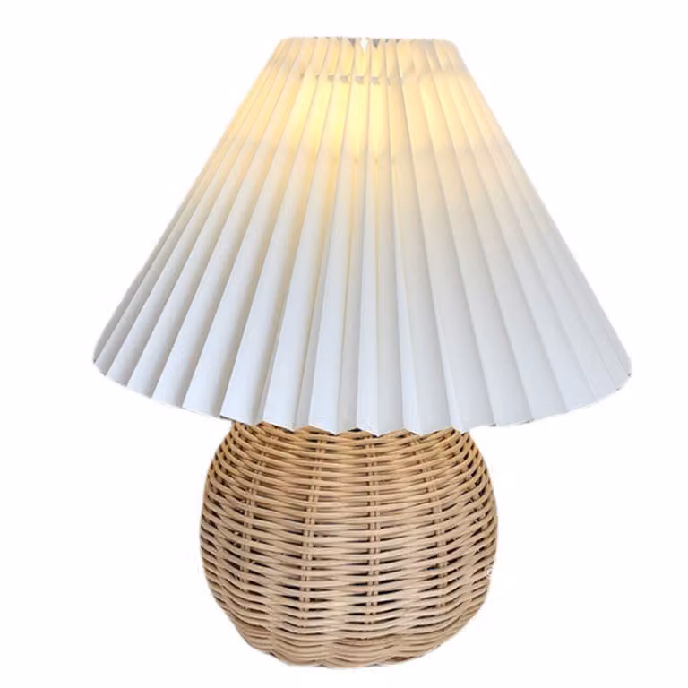 Piccola lampada da tavolo, lampada da comodino, mini lampada per camera da letto, soggiorno, tavolino, rattan, plissettata, estetica, stile vintage