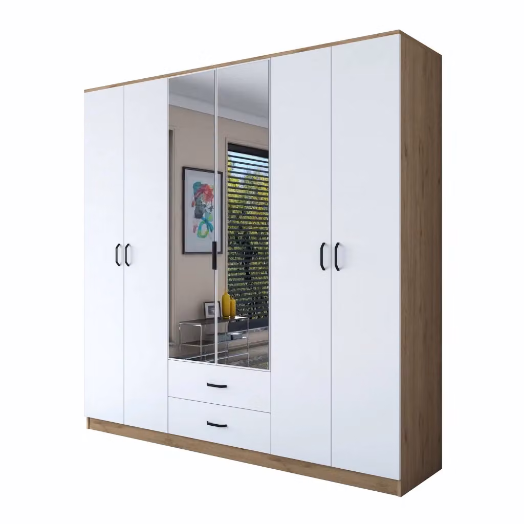 Armadio da camera da letto DMORA con ante scorrevoli, specchio e cassetti integrati, Bianco e Marrone, H 210 x L 210 cm – 2
