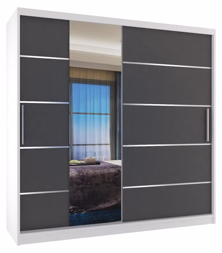 BELINI Verona, armadio scorrevole da 200 cm, bianco/grigio opaco - armadio con specchio e 2 cassetti, ideale per la camera da letto