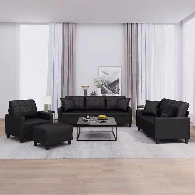 Set di divani moderno vidaXL in similpelle nera composto da divano a 3 posti, divano a 2 posti, pouf e cuscini decorativi – 1