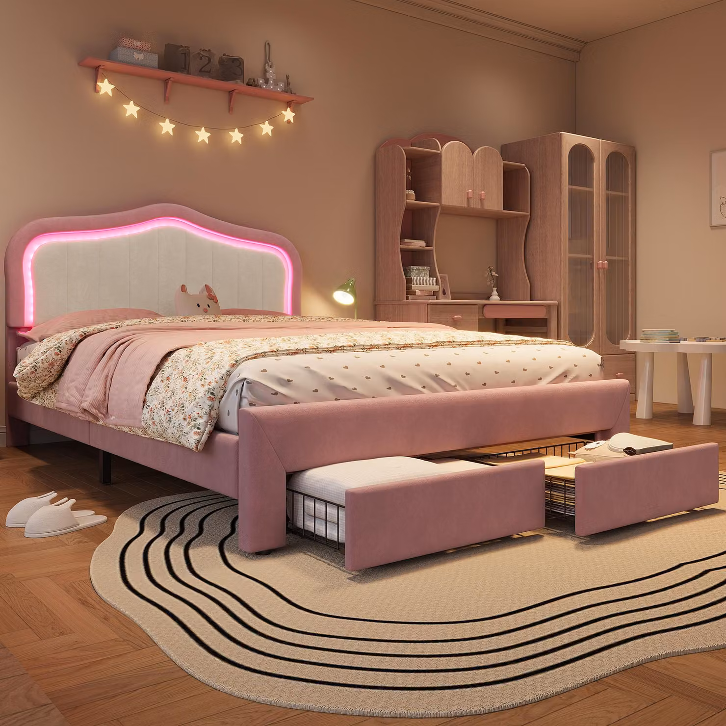 Letto imbottito per bambini 140x200 cm, rosa, con 2 cassetti e illuminazione LED controllata tramite app, rivestito in velluto, con schienale bianco per la cameretta