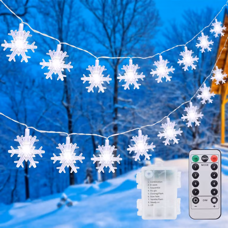 Catena luminosa a forma di fiocchi di neve, 50 LED, 7,5 metri, luce bianco caldo, 8 modalità, alimentazione a batteria