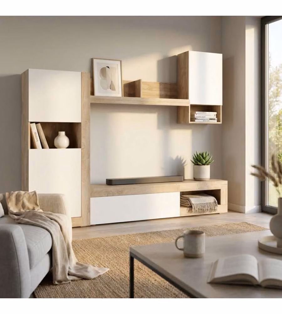 Cosma Parete Soggiorno Roomy Bianco e Rovere Chiaro L: 148 cm, P: 42 cm, H: 215,5 cm – 1